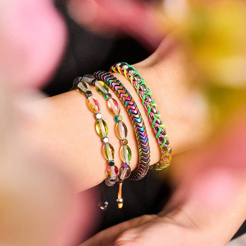 Serpentin | Arc-en-ciel Hématite x Licorne Argent | Bracelet Double Vague